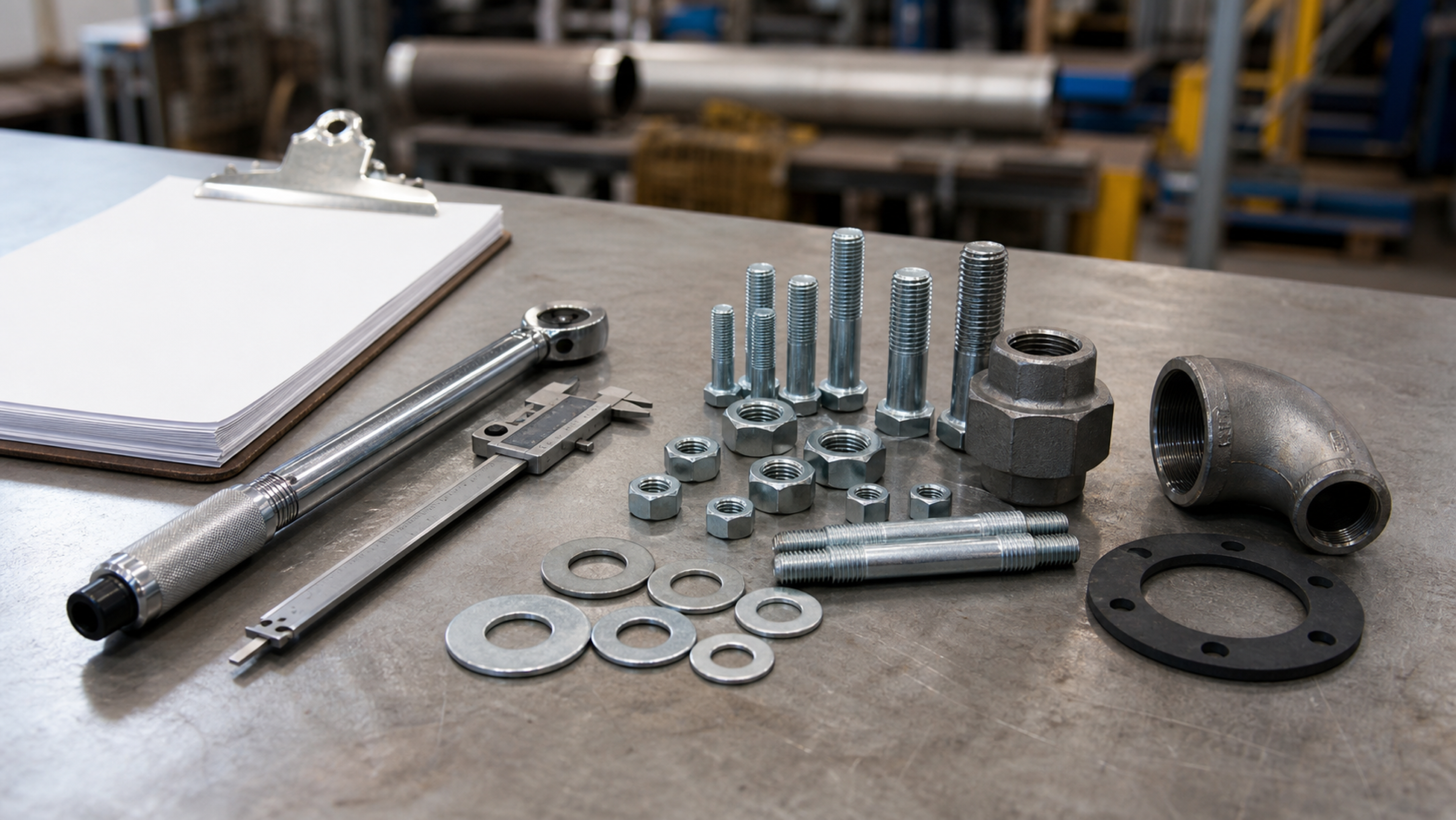 Domestic industrial fasteners, flange, gasket, calipers, torque wrench, and RFQ paperwork on a job shop bench