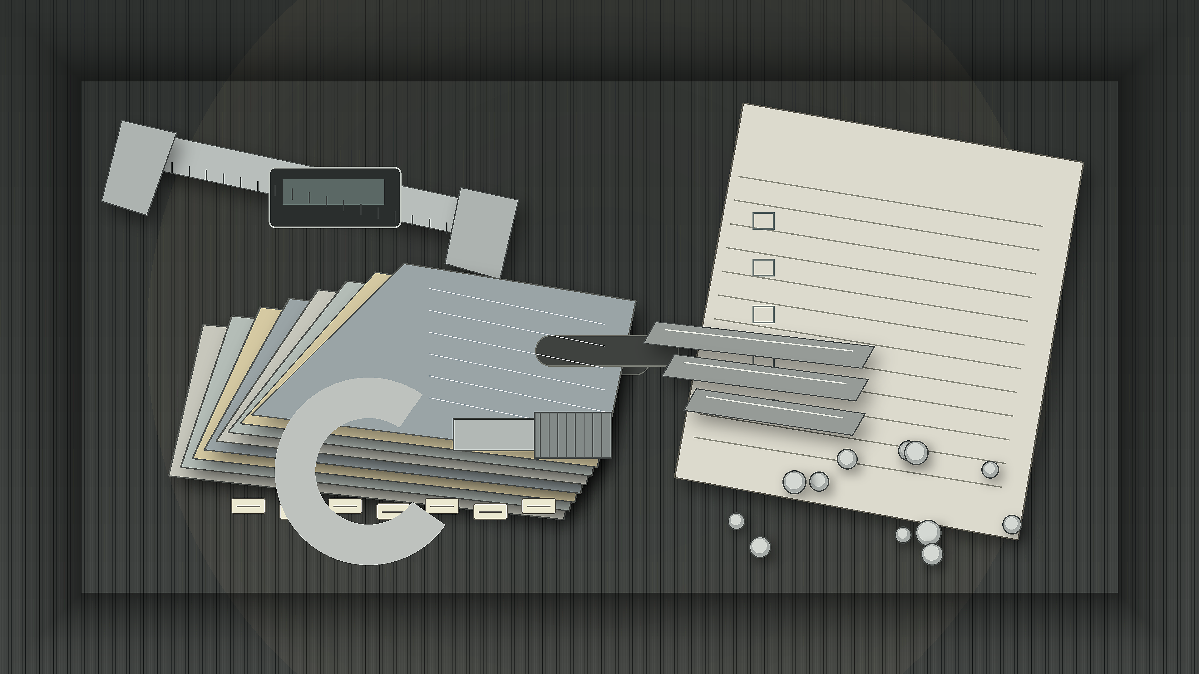 Precision shim stock sheets, slotted shims, key stock, dowel pins, calipers, micrometer, and RFQ paperwork on an industrial workbench